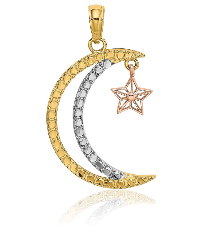 14K Solid Two Tone Gold Dangling White Crescent Moon Star Necklace Chain Pendant Charm Celestial Jewelry