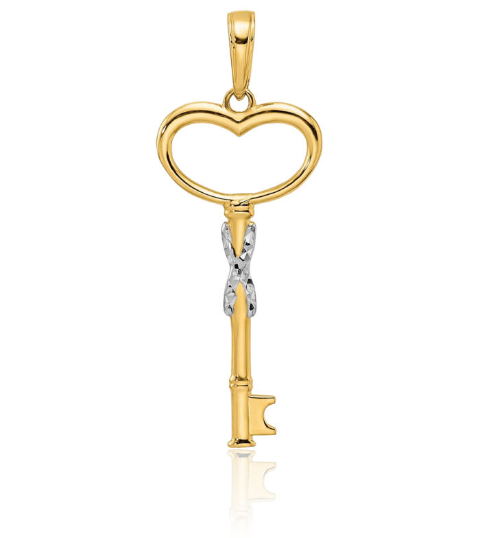 14K Solid Two Tone Yellow White Gold Diamiond Cut Heart Key Necklace Chain Pendant Charm