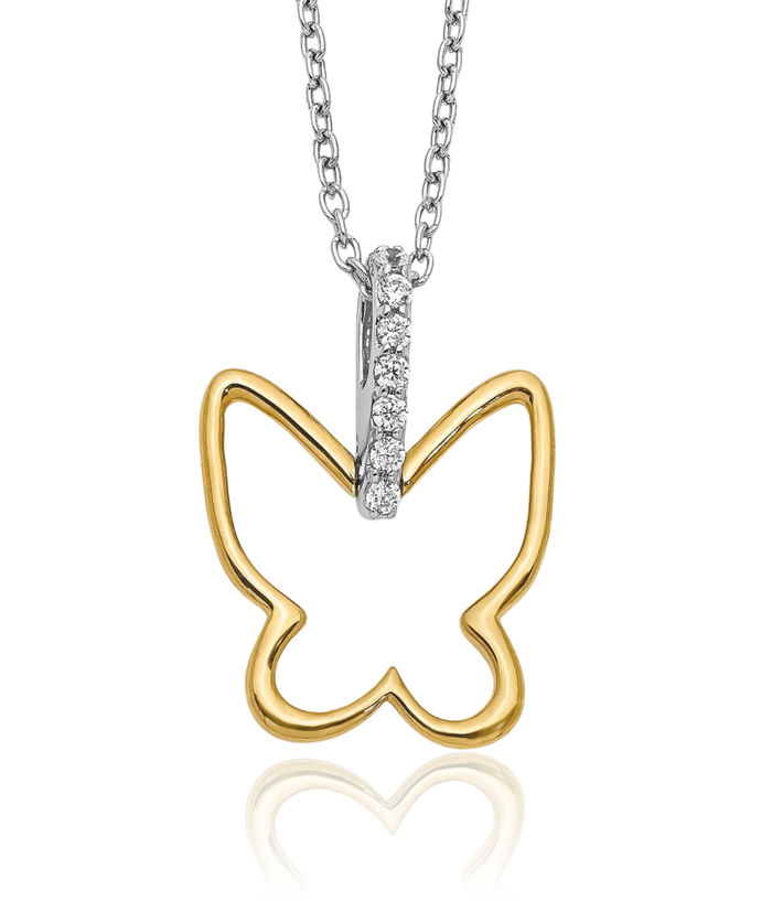 14K Solid Two Tone Gold Diamond Butterfly Wings Necklace Chain