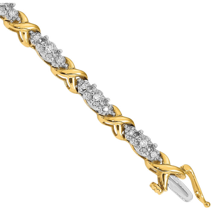 14K Solid Two Tone Gold Diamond Crisscross Tennis Bracelet