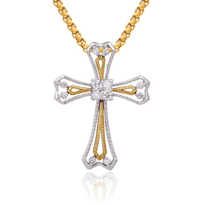 14K Solid Two Tone Gold Diamond Holy Cross Floating Chain Slide Pendant Necklace Religious Jesus Christ Charm