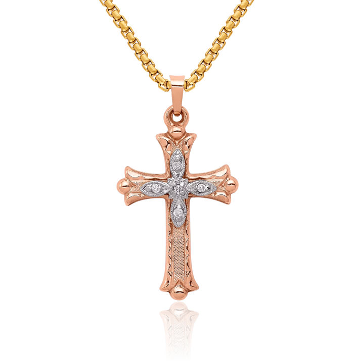 14K Solid Two Tone Gold Diamond Holy Cross Necklace Religious Chain Pendant Jesus Christ Charm