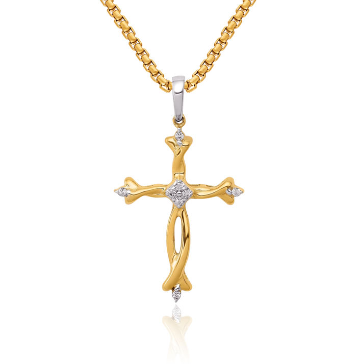 14K Solid Two Tone Gold Diamond Holy Cross Necklace Religious Chain Pendant Jesus Christ Charm