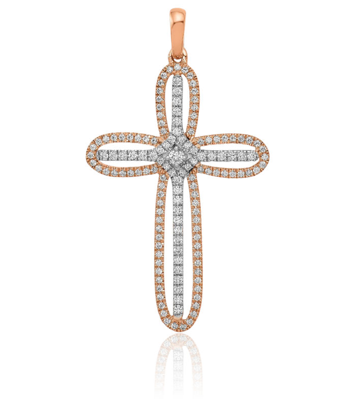 14K Solid Two Tone Rose White Gold Diamond Holy Cross Necklace Religious Chain Pendant Jesus Christ Charm