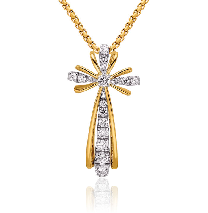 14K Solid Two Tone Gold Diamond Holy Cross Necklace Religious Chain Pendant Jesus Christ Charm