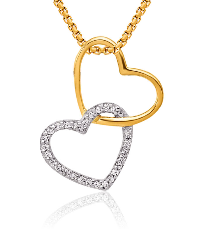 14K Solid Two Tone Gold Diamond Double Heart Floating Chain Slide Pendant Necklace Charm