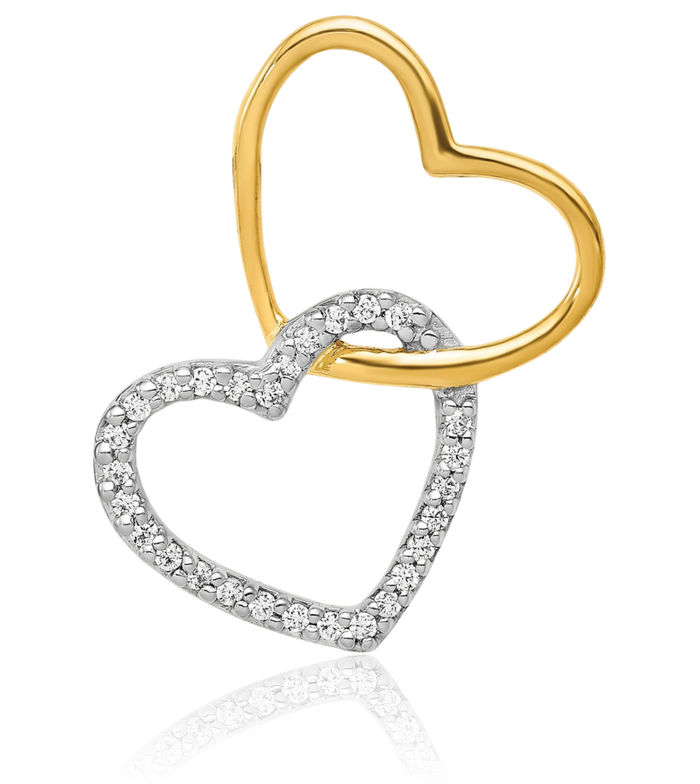 14K Solid Two Tone Gold Diamond Double Heart Floating Chain Slide Pendant Necklace Charm