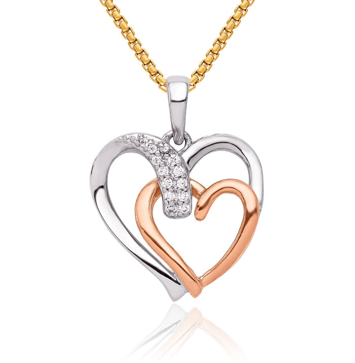 14K Solid Two Tone Rose White Gold Diamond Double Heart Necklace Love Pendant Charm