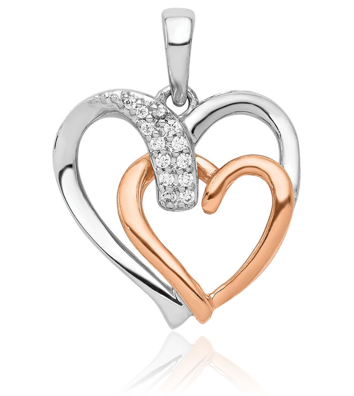 14K Solid Two Tone Rose White Gold Diamond Double Heart Necklace Love Pendant Charm