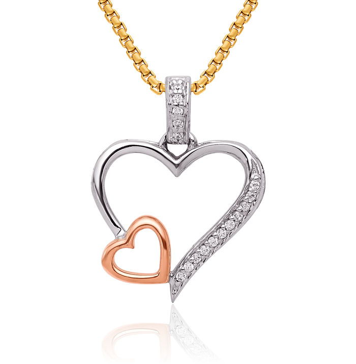 14K Solid Two Tone Rose White Gold Diamond Double Heart Necklace Love Pendant Charm