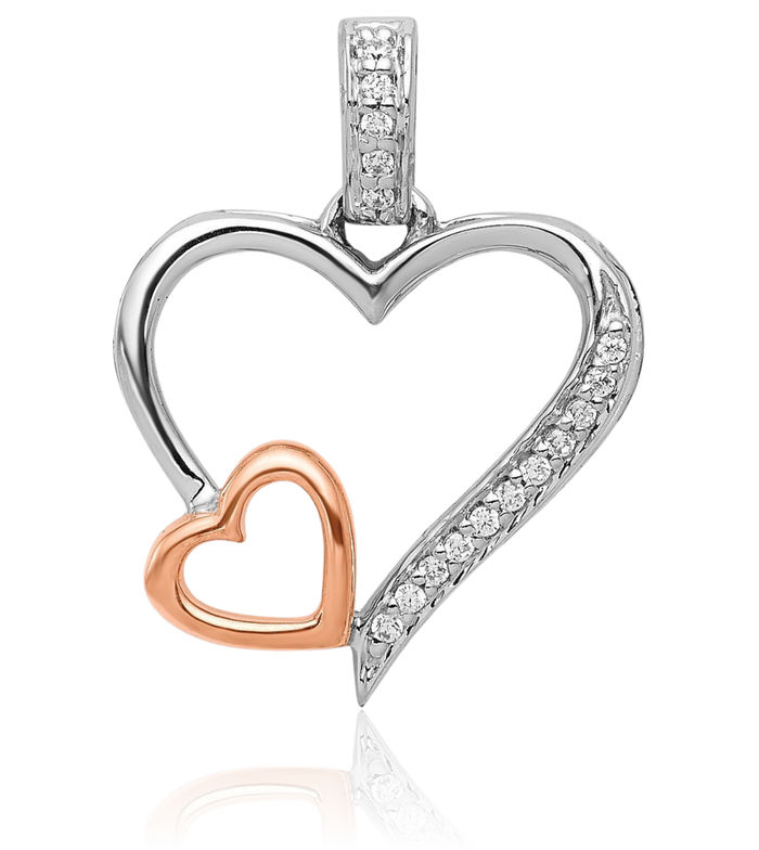 14K Solid Two Tone Rose White Gold Diamond Double Heart Necklace Love Pendant Charm