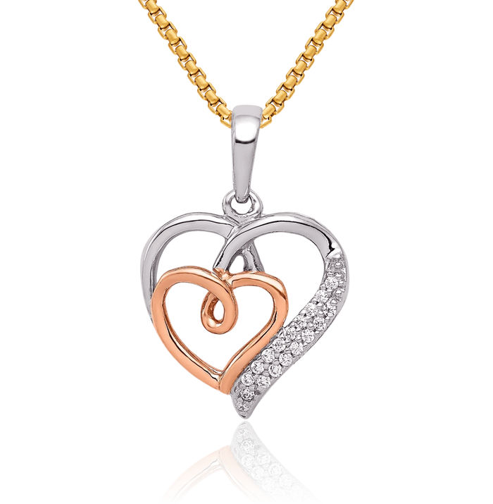 14K Solid Two Tone Rose White Gold Diamond Double Heart Necklace Love Pendant Charm