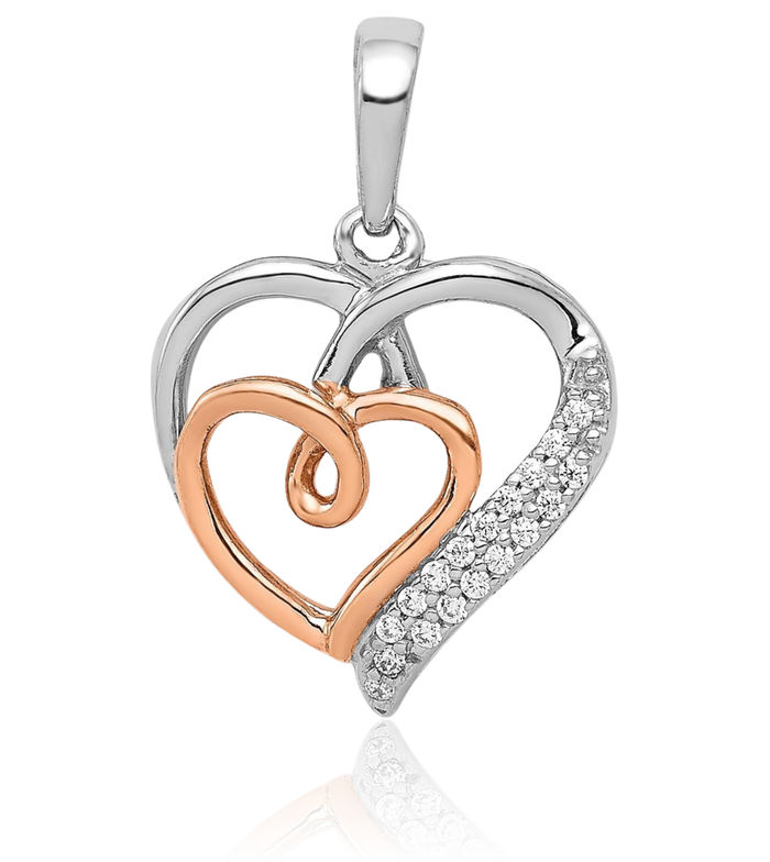 14K Solid Two Tone Rose White Gold Diamond Double Heart Necklace Love Pendant Charm