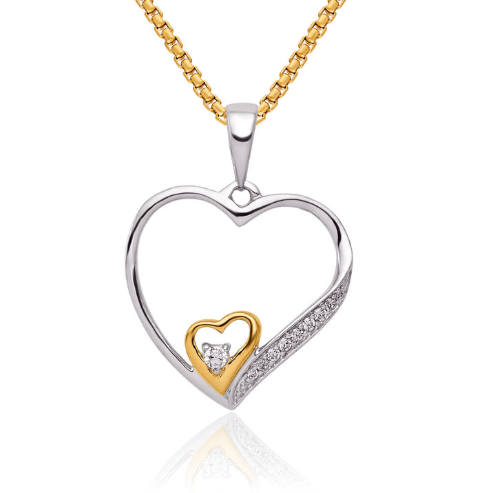 14K Solid Two Tone Gold Diamond Double Heart Necklace Love Pendant Charm