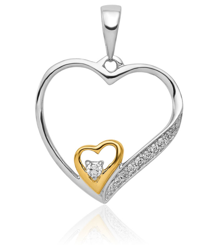 14K Solid Two Tone Gold Diamond Double Heart Necklace Love Pendant Charm