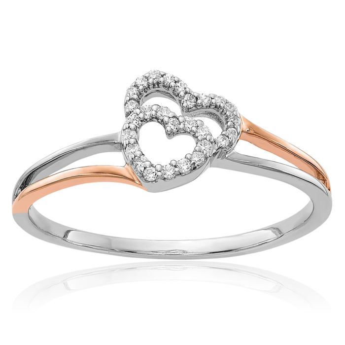 14K Solid Two Tone Rose White Gold Diamond Double Heart Ring Love Band