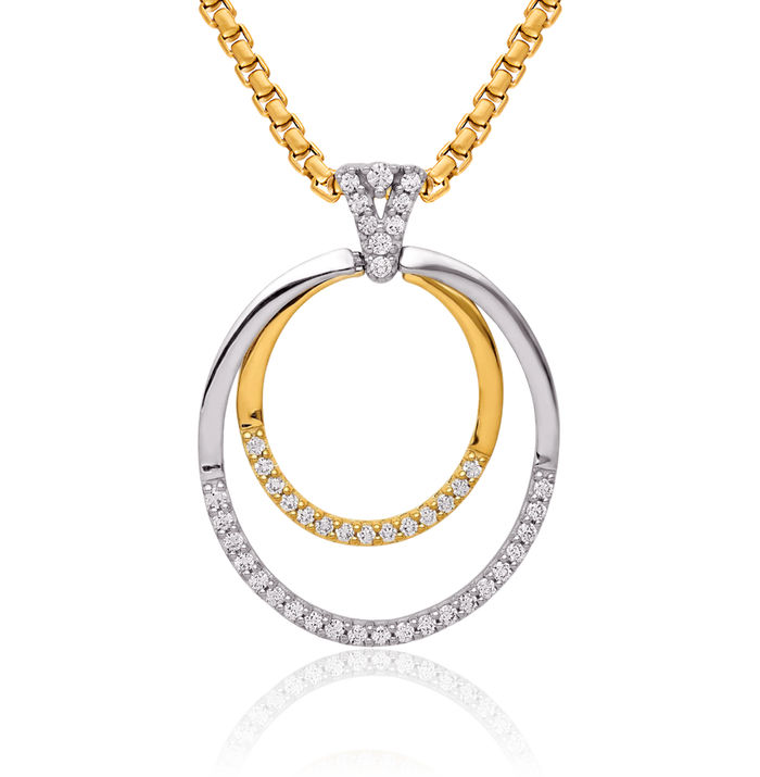 14K Solid Two Tone Gold Diamond Double Circle Round Necklace Chain Pendant Charm