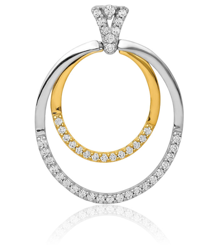 14K Solid Two Tone Gold Diamond Double Circle Round Necklace Chain Pendant Charm