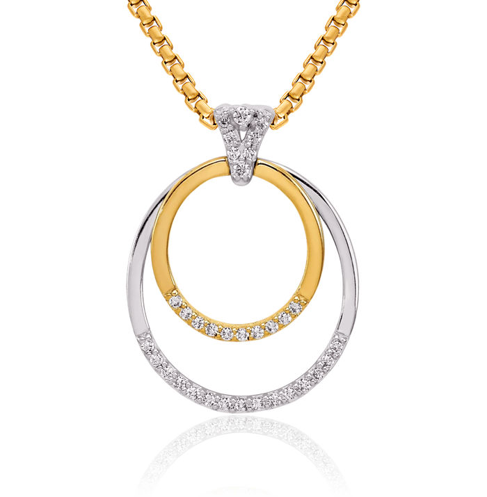 14K Solid Two Tone Gold Diamond Double Circle Round Necklace Chain Pendant Charm