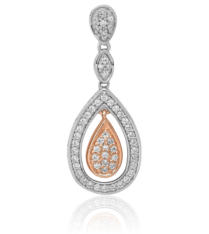 14K Solid Two Tone Rose White Gold Diamond Double Teardrop Floating Chain Slide Pendant Necklace Pear Charm