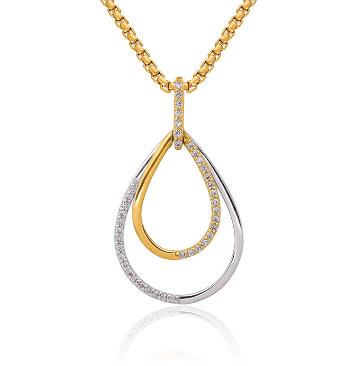 14K Solid Two Tone Gold Diamond Double Teardrop Necklace Pear Pendant Charm