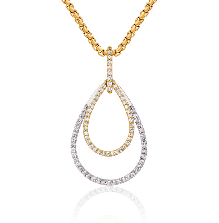 14K Solid Two Tone Gold Diamond Double Teardrop Necklace Pear Pendant Charm