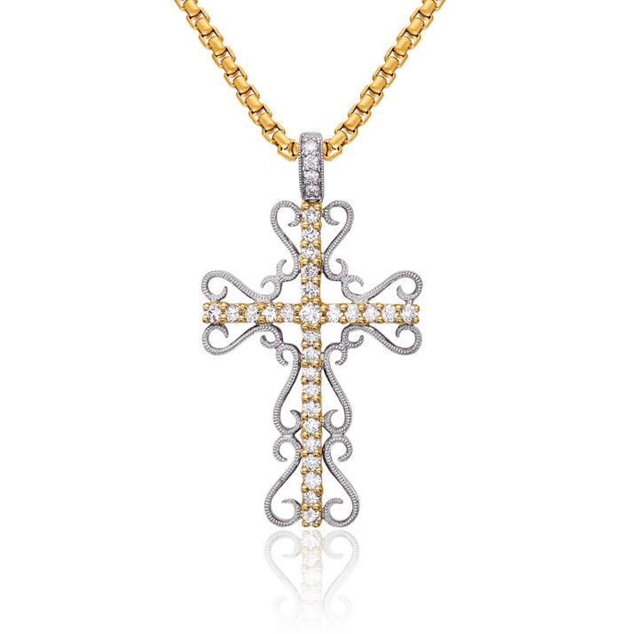 14K Solid Two Tone Gold Diamond Antique Filigree Holy Cross Necklace Religious Chain Pendant Jesus Christ Charm