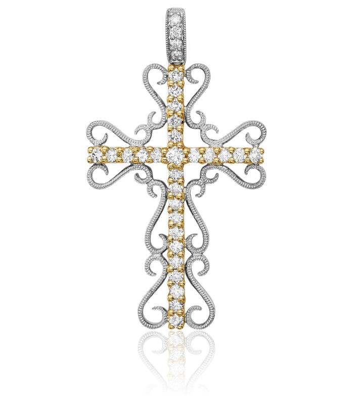 14K Solid Two Tone Gold Diamond Antique Filigree Holy Cross Necklace Religious Chain Pendant Jesus Christ Charm