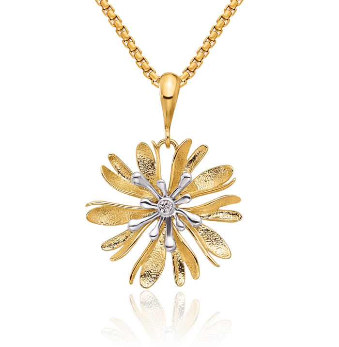 14K Solid Two Tone Gold White Diamond Flower Necklace Chain Pendant Charm