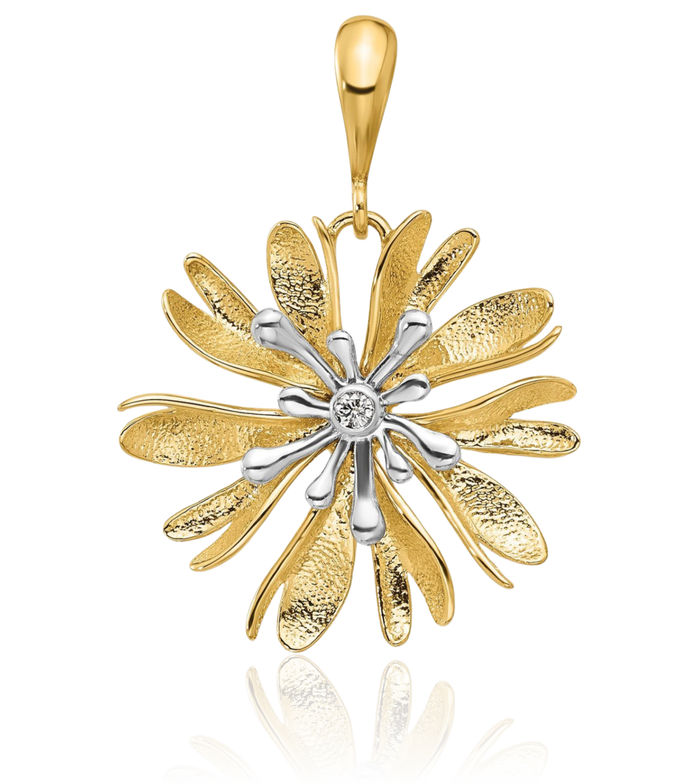 14K Solid Two Tone Gold White Diamond Flower Necklace Chain Pendant Charm
