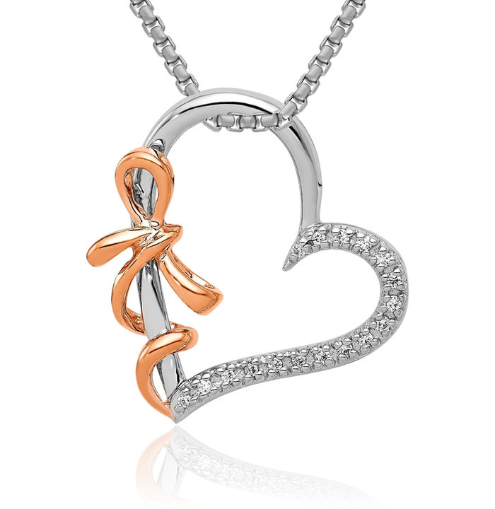 14K Solid Two Tone Rose White Gold Diamond Heart Bow Floating Chain Slide Pendant Necklace Charm