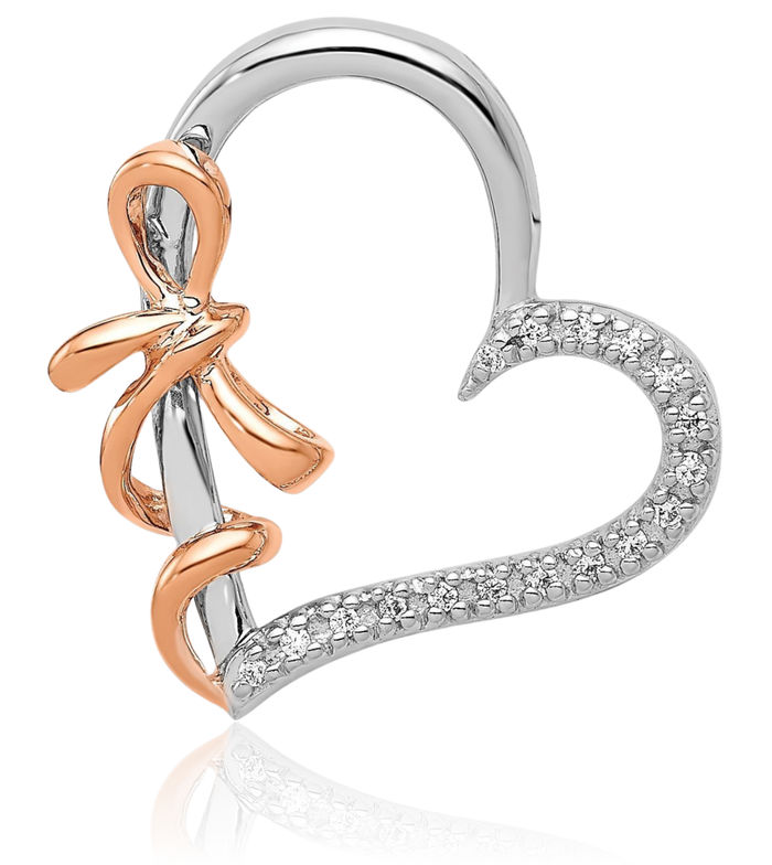 14K Solid Two Tone Rose White Gold Diamond Heart Bow Floating Chain Slide Pendant Necklace Charm