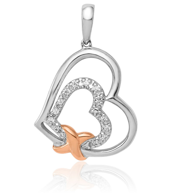 14K Solid Two Tone Rose White Gold Diamond Heart Necklace Love Pendant Charm