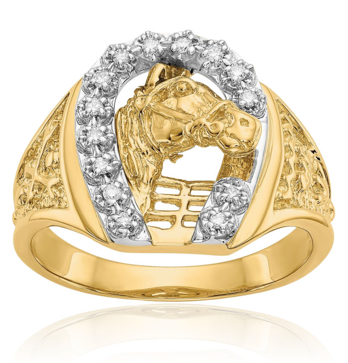 14K Solid Two Tone Gold Diamond Mens Lucky Horseshoe Ring Animal Lover Equestrian Band