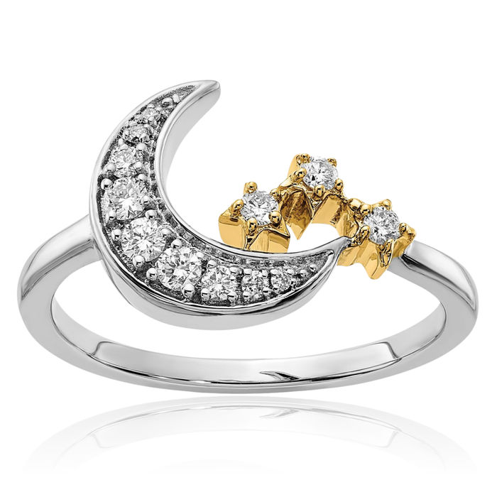 14K Solid Two Tone Gold White Yellow Diamond Crescent Moon 3 Stars Ring Celestial Jewelry