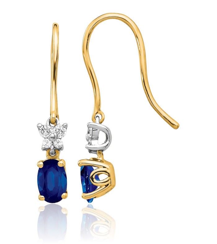 14K Solid Two Tone Gold Diamond Oval Blue Sapphire Drop Dangle Earrings September Birthstone Jewelry