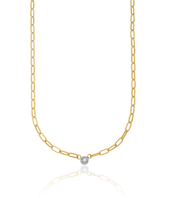 14K Solid Two Tone Gold White Diamond Oval Link Necklace Chain