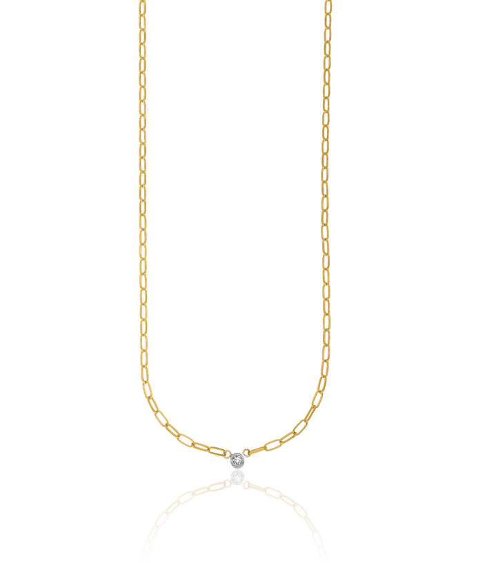 14K Solid Two Tone Gold White Diamond Oval Link Necklace Chain