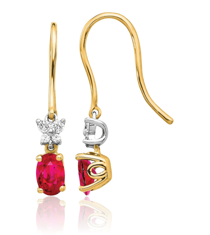14K Solid Two Tone Gold Diamond Oval Red Ruby Drop Dangle Earrings July Birthstone Jewelry