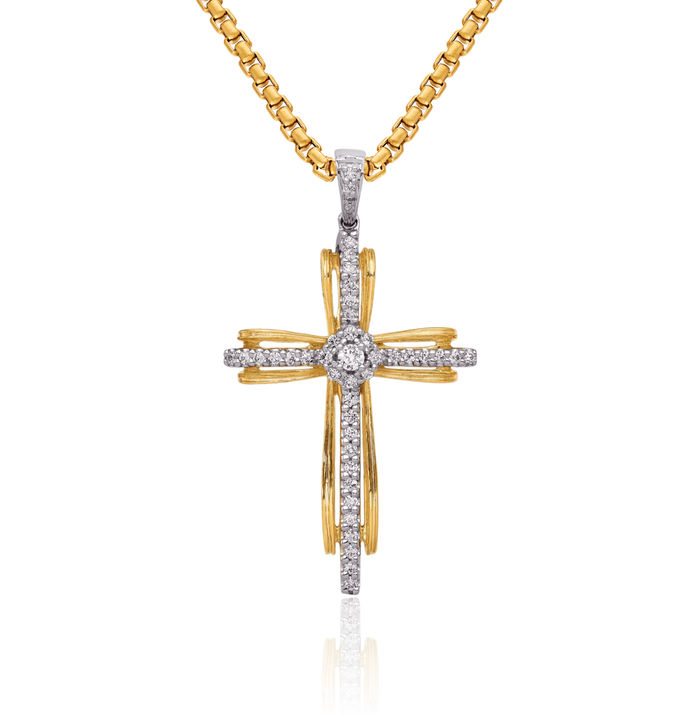 14K Solid Two Tone Gold Diamond Passion Holy Cross Necklace Religious Chain Pendant Jesus Christ Charm