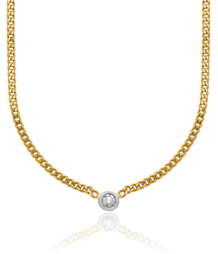 14K Solid Two Tone Gold White Diamond Solitaire Necklace Curb Link Chain