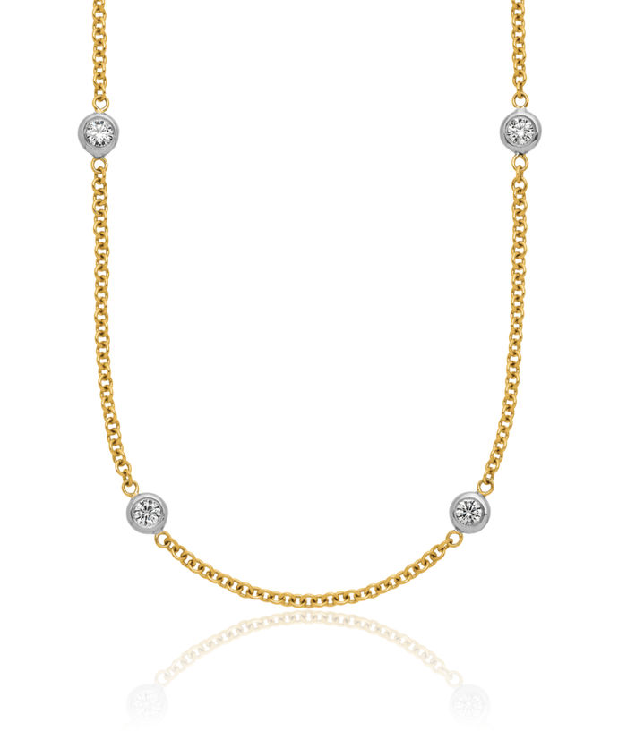 14K Solid Two Tone Gold Diamond Stations Necklace Chain