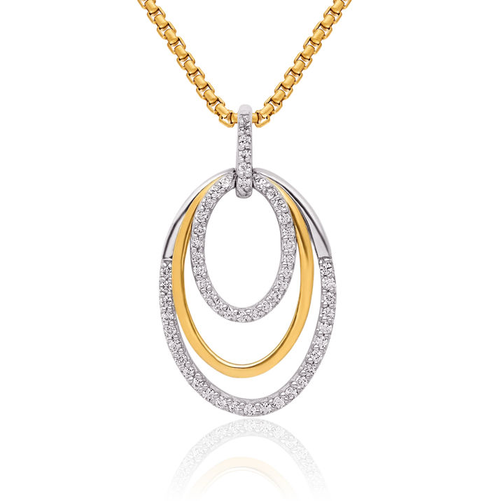 14K Solid Two Tone Gold Diamond Triple Oval Necklace Chain Pendant Charm