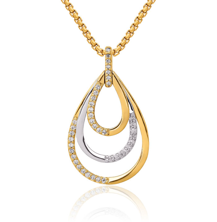 14K Solid Two Tone Gold Diamond Triple Teardrop Necklace Pear Pendant Charm