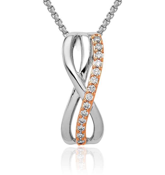 14K Solid Two Tone Rose White Gold Diamond Twisted Floating Chain Slide Pendant Necklace Charm