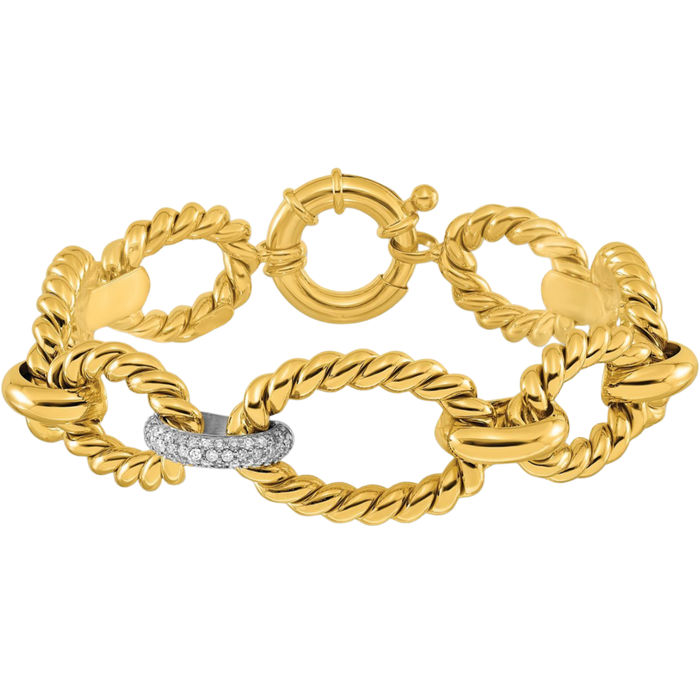 14K Solid Two Tone Gold White Yellow Diamond Twisted Oval Link Tennis Bracelet