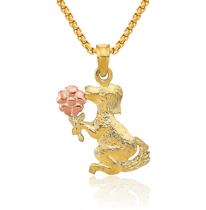 14K Solid Two Tone Gold Dog Flower Necklace Chain Pendant Charm