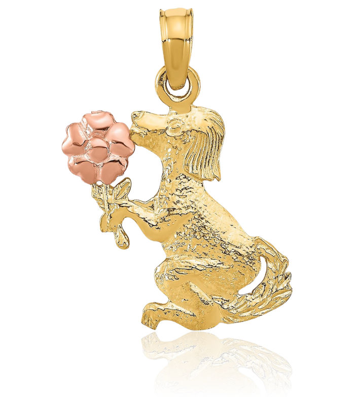 14K Solid Two Tone Gold Dog Flower Necklace Chain Pendant Charm