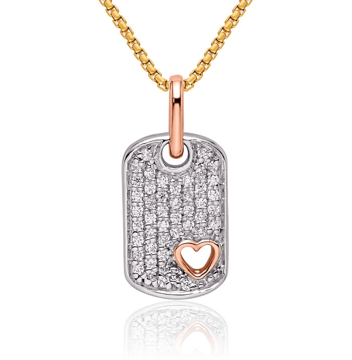 14K Solid Two Tone Gold White Rose Dog Tag Heart Diamond Necklace Chain Pendant Charm