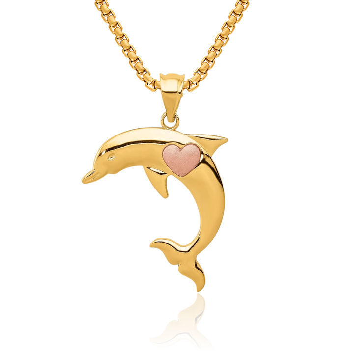 14K Solid Two Tone Gold Sea Dolphin Ocean Fish Beach Nautical Heart Necklace Love Pendant Charm